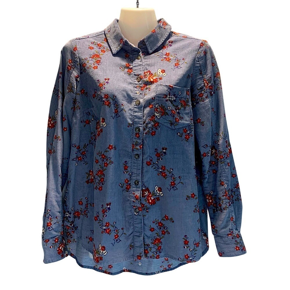 18th & Building Anthropologie Blue Floral Corduroy Button Down Shirt Size 2